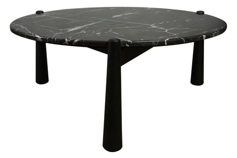 Round coffee table featuring a striking black marble top with white veining, supported by three sturdy black mango wood legs.