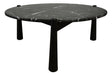Round coffee table featuring a striking black marble top with white veining, supported by three sturdy black mango wood legs.