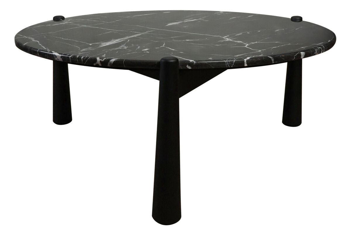 Round coffee table featuring a striking black marble top with white veining, supported by three sturdy black mango wood legs.