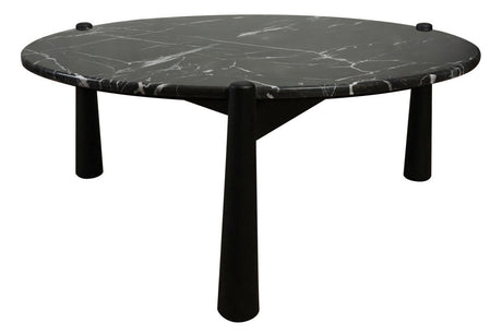 Round coffee table featuring a striking black marble top with white veining, supported by three sturdy black mango wood legs.