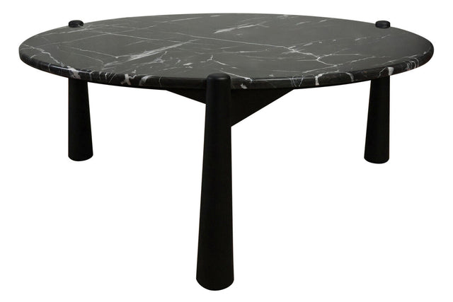 Round coffee table featuring a striking black marble top with white veining, supported by three sturdy black mango wood legs.