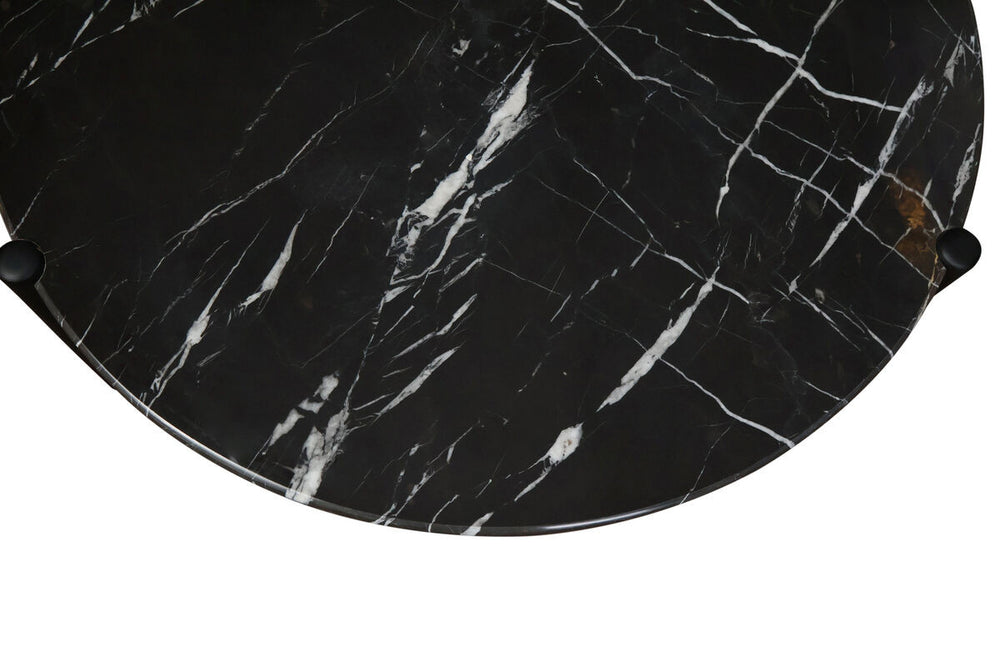 Black marble coffee table top featuring striking white veining, complemented by sleek black rounded legs.