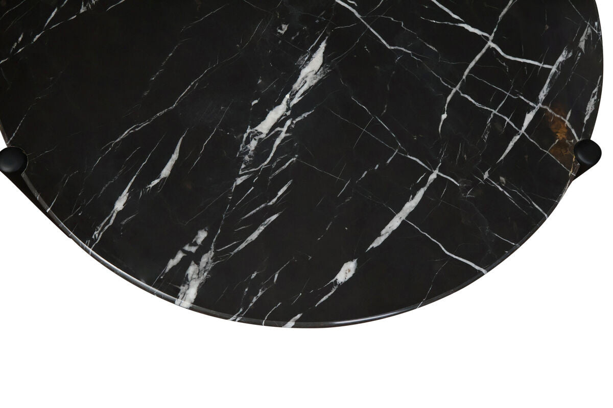 Black marble coffee table top featuring striking white veining, complemented by sleek black rounded legs.