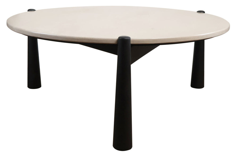 Cream marble top coffee table with a sleek, round surface supported by three sturdy black mango wood legs.