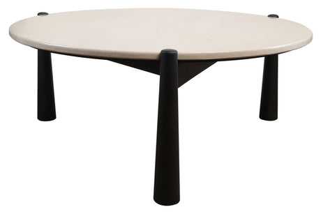 Cream marble top coffee table with a sleek, round surface supported by three sturdy black mango wood legs.
