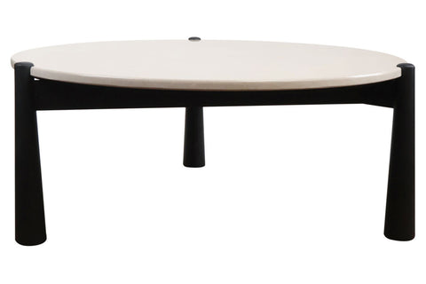 Cream marble top coffee table with a sleek black mango wood base, featuring rounded edges and sturdy cylindrical legs.