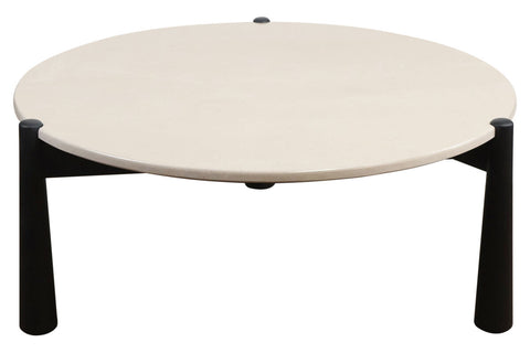 Round coffee table featuring a smooth cream marble top and sturdy black mango wood legs.