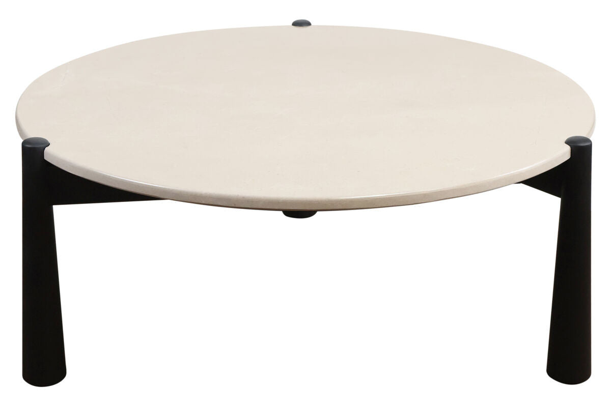 Round coffee table featuring a smooth cream marble top and sturdy black mango wood legs.