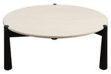 Round coffee table featuring a smooth cream marble top and sturdy black mango wood legs.