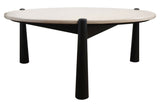 Cream marble top coffee table with a sleek, rounded surface, supported by four sturdy black mango wood legs.