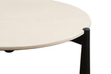 Cream marble top coffee table featuring a smooth, rounded surface with subtle veining, supported by sleek black mango wood legs.