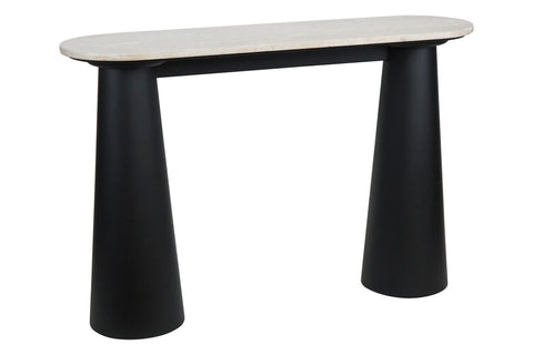 Natural travertine top console table featuring a sleek, oval shape supported by two sturdy, black mango wood legs with a modern, tapered design.