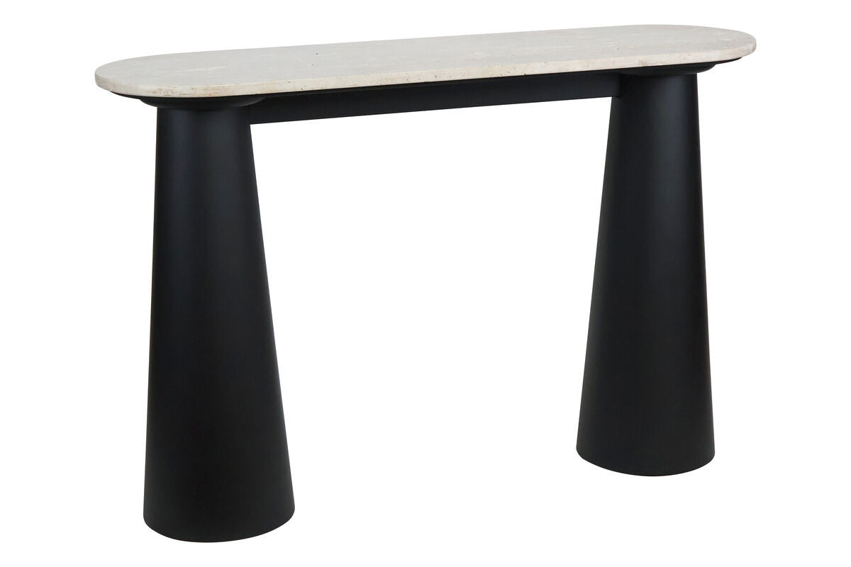 Natural travertine top console table featuring a sleek, oval shape supported by two sturdy, black mango wood legs with a modern, tapered design.
