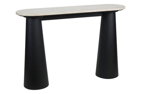 Natural travertine top console table featuring a sleek, oval shape supported by two sturdy, black mango wood legs with a modern, tapered design.