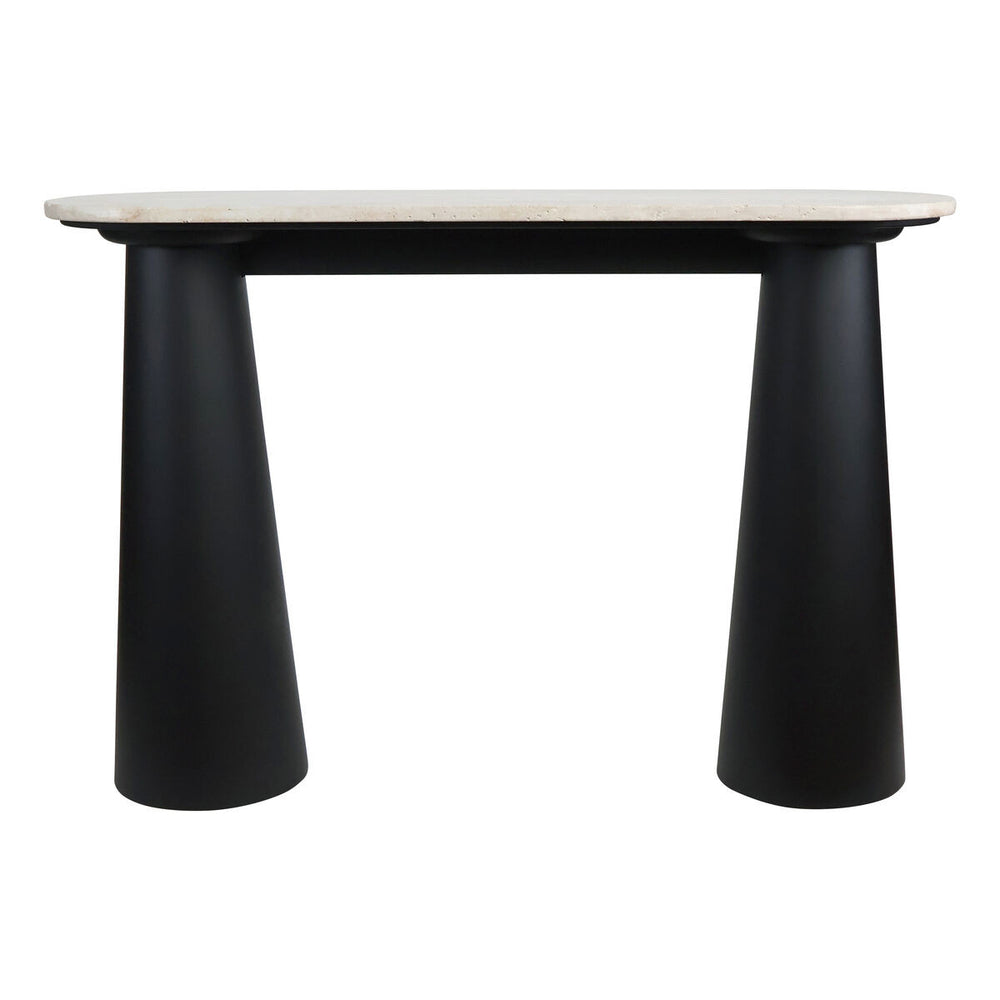 Natural travertine top console table featuring a sleek black mango wood base with a modern, minimalist design.