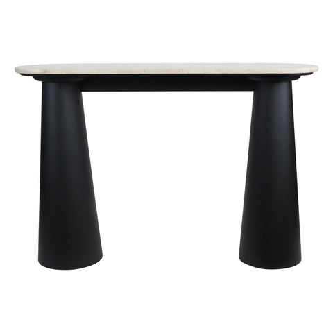 Natural travertine top console table featuring a sleek black mango wood base with a modern, minimalist design.
