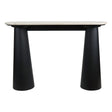 Natural travertine top console table featuring a sleek black mango wood base with a modern, minimalist design.