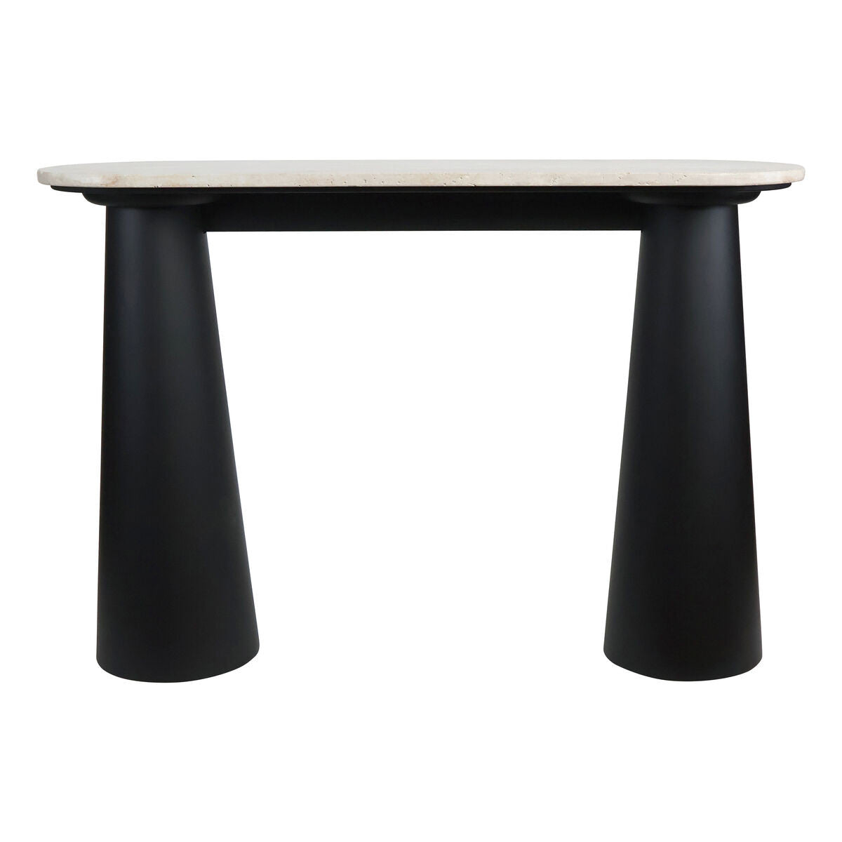 Natural travertine top console table featuring a sleek black mango wood base with a modern, minimalist design.
