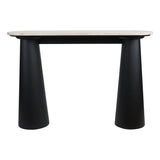 Natural travertine top console table featuring a sleek black mango wood base with a modern, minimalist design.
