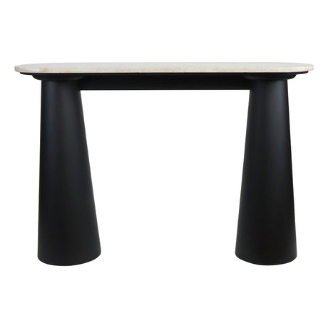 Natural travertine top console table featuring a sleek black mango wood base with a modern, minimalist design.