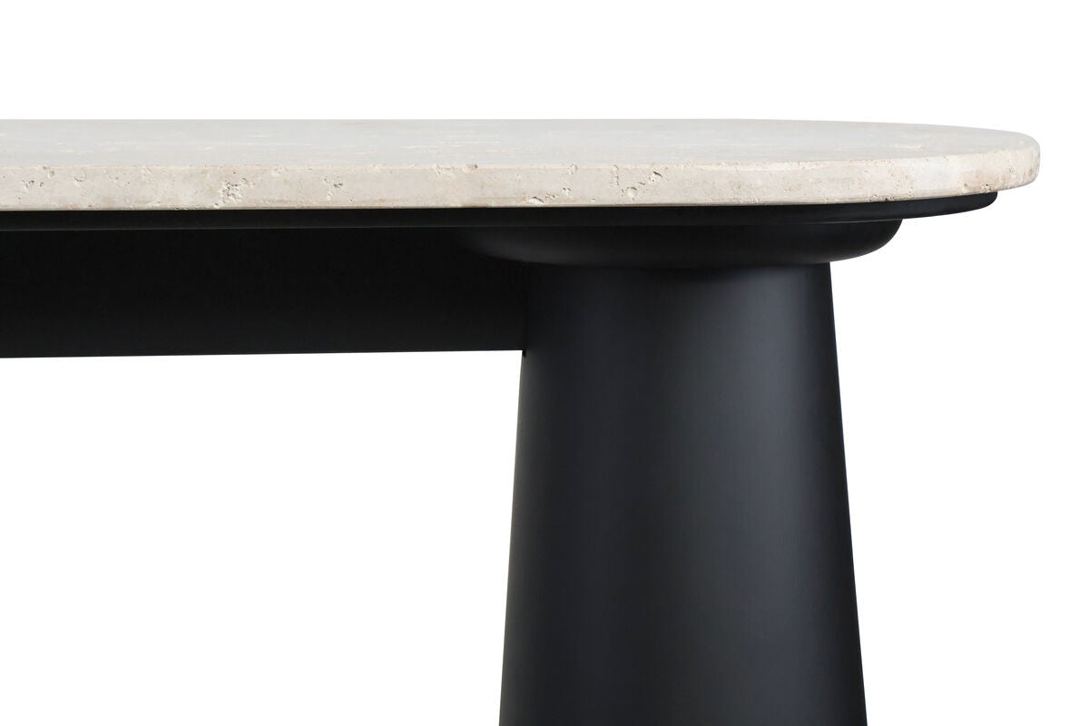 Natural travertine top with a smooth finish rests on a sleek, black mango wood base featuring rounded edges.