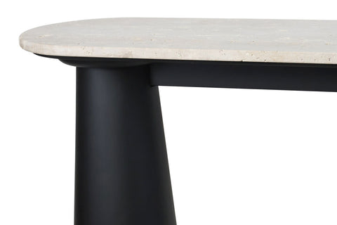 Natural travertine top with a smooth finish rests on a sleek black mango wood base, showcasing a modern design.