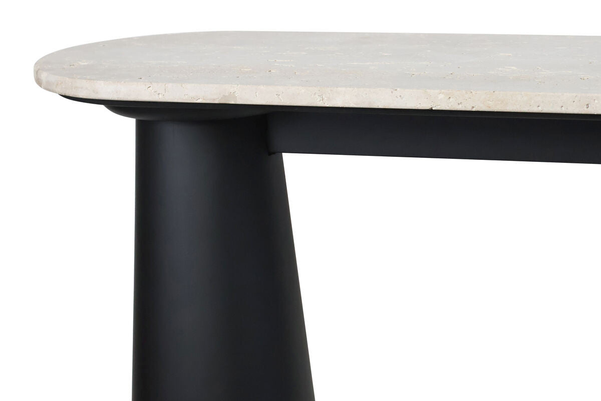 Natural travertine top with a smooth finish rests on a sleek black mango wood base, showcasing a modern design.
