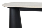 Natural travertine top with a smooth finish rests on a sleek black mango wood base, showcasing a modern design.