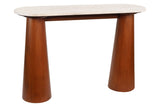 Natural travertine top console table featuring a sleek, oval design supported by two tapered brown mango wood legs.