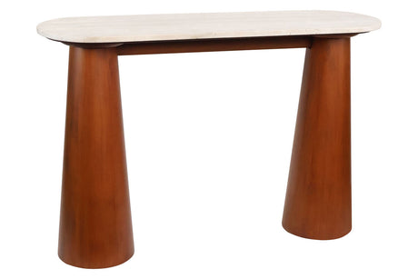 Natural travertine top console table featuring a sleek, oval design supported by two tapered brown mango wood legs.