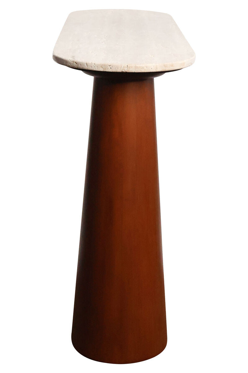 Natural travertine top console table featuring a sleek, rounded edge and a sturdy brown mango wood base with a tapered design.