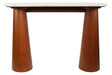 Natural travertine top console table featuring a sleek design with two tapered brown mango wood legs.