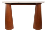 Natural travertine top console table featuring a sleek design with two tapered brown mango wood legs.