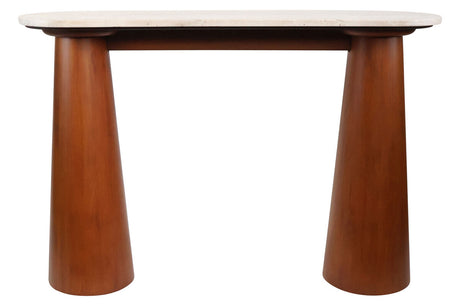 Natural travertine top console table featuring a sleek design with two tapered brown mango wood legs.