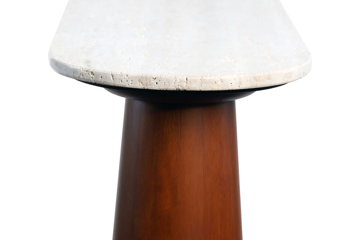 Natural travertine top console table featuring a smooth, rounded edge and a sturdy brown mango wood base.