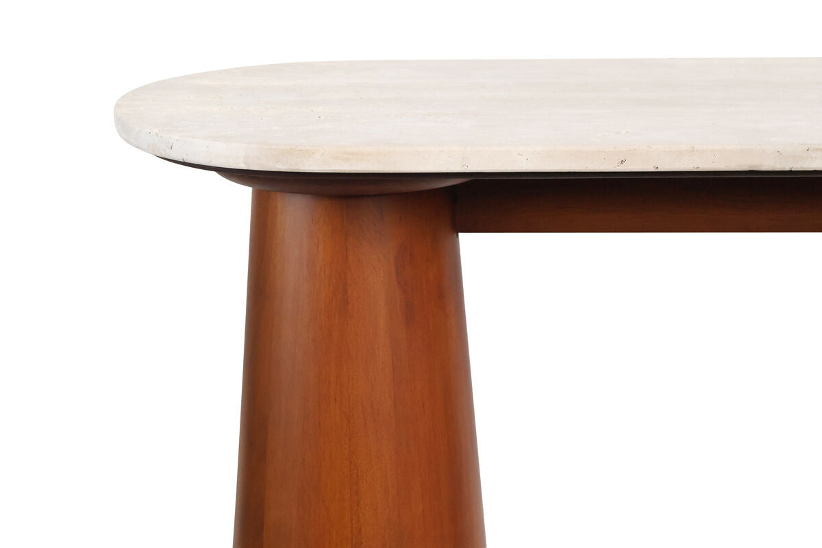 Natural travertine top console table featuring a smooth, rounded edge and sturdy brown mango wood legs with a tapered design.