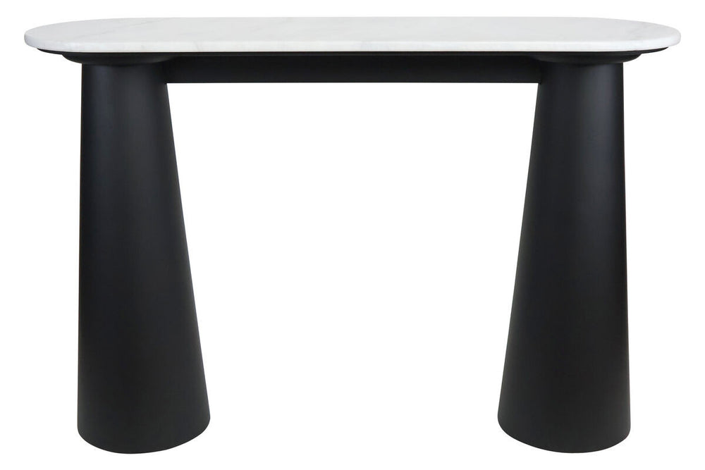White marble top console table featuring a sleek, rounded edge and supported by two bold, tapered black mango wood legs.
