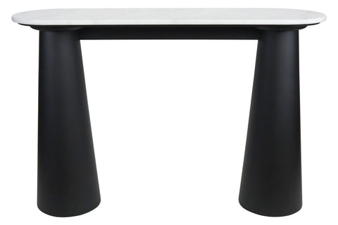 White marble top console table featuring a sleek, rounded edge and supported by two bold, tapered black mango wood legs.