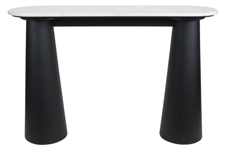White marble top console table featuring a sleek, rounded edge and supported by two bold, tapered black mango wood legs.