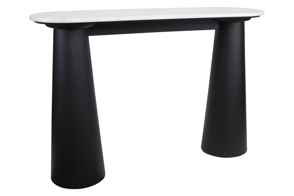 White marble top console table featuring a sleek, rounded edge and supported by two bold, conical black mango wood legs.