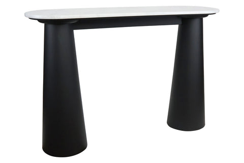 White marble top console table featuring a sleek, rounded edge and supported by two bold, conical black mango wood legs.