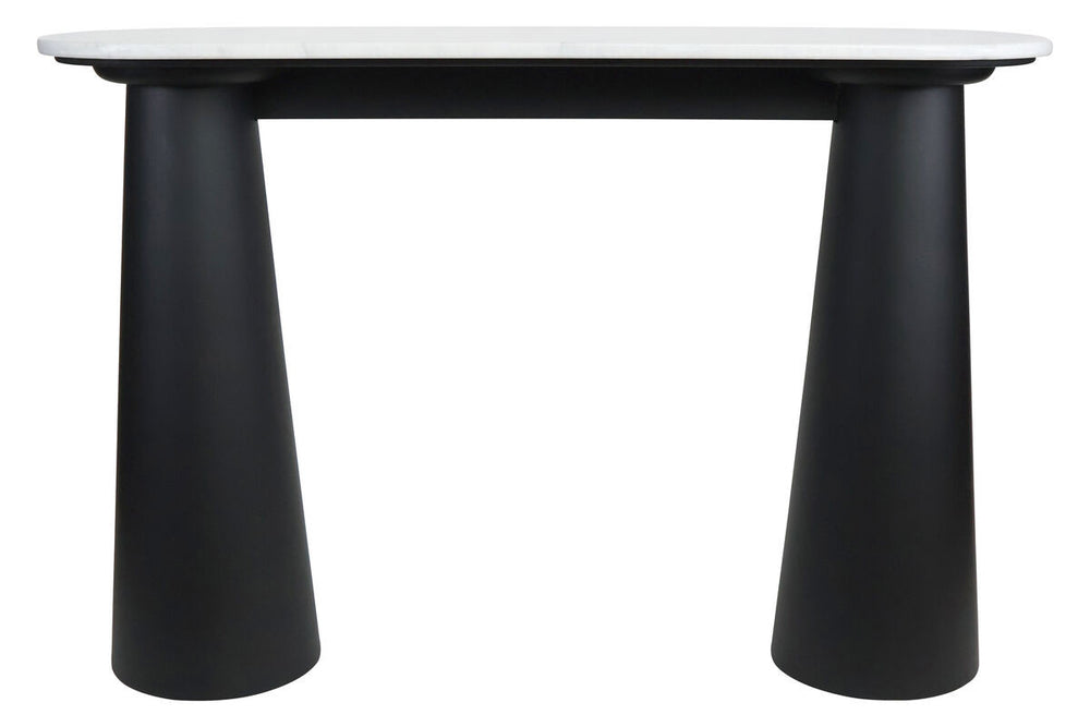 White marble top console table featuring a sleek, rounded edge and a sturdy base made of black mango wood. The base has a unique, tapered design, providing a modern aesthetic.