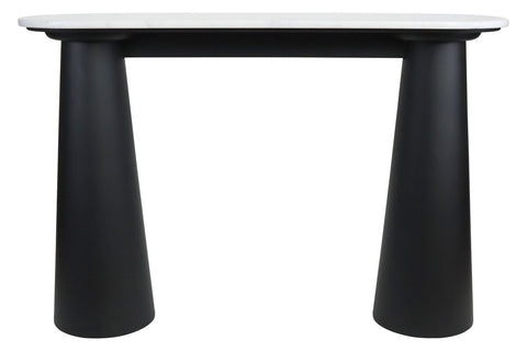 White marble top console table featuring a sleek, rounded edge and a sturdy base made of black mango wood. The base has a unique, tapered design, providing a modern aesthetic.