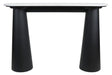 White marble top console table featuring a sleek, rounded edge and a sturdy base made of black mango wood. The base has a unique, tapered design, providing a modern aesthetic.