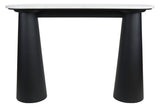 White marble top console table featuring a sleek, rounded edge and a sturdy base made of black mango wood. The base has a unique, tapered design, providing a modern aesthetic.