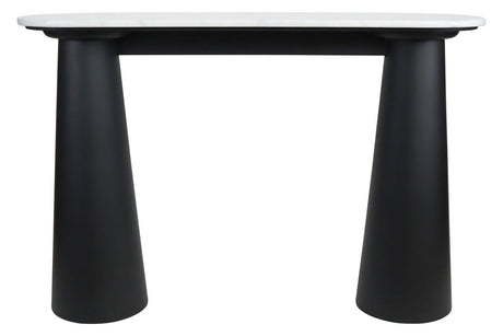 White marble top console table featuring a sleek, rounded edge and a sturdy base made of black mango wood. The base has a unique, tapered design, providing a modern aesthetic.