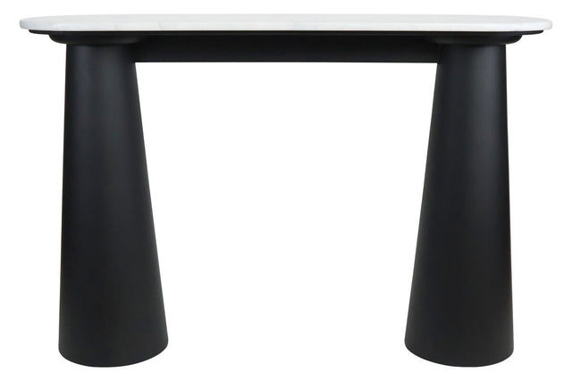 White marble top console table featuring a sleek, rounded edge and a sturdy base made of black mango wood. The base has a unique, tapered design, providing a modern aesthetic.