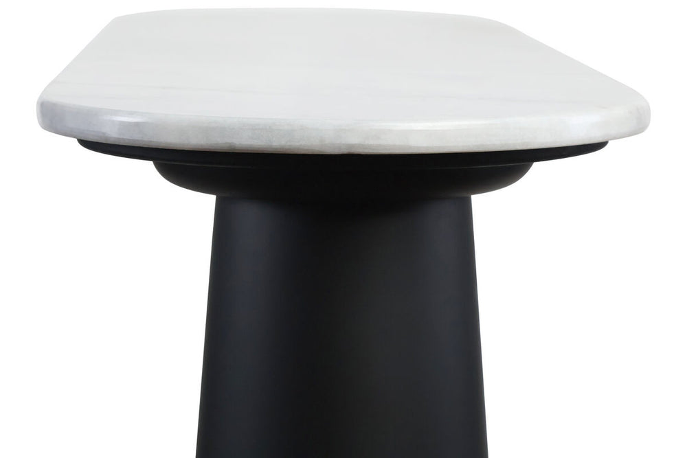Elegant console table featuring a smooth white marble top with rounded edges, supported by a sleek black mango wood base.