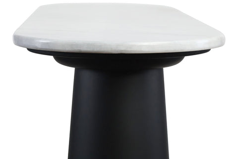Elegant console table featuring a smooth white marble top with rounded edges, supported by a sleek black mango wood base.