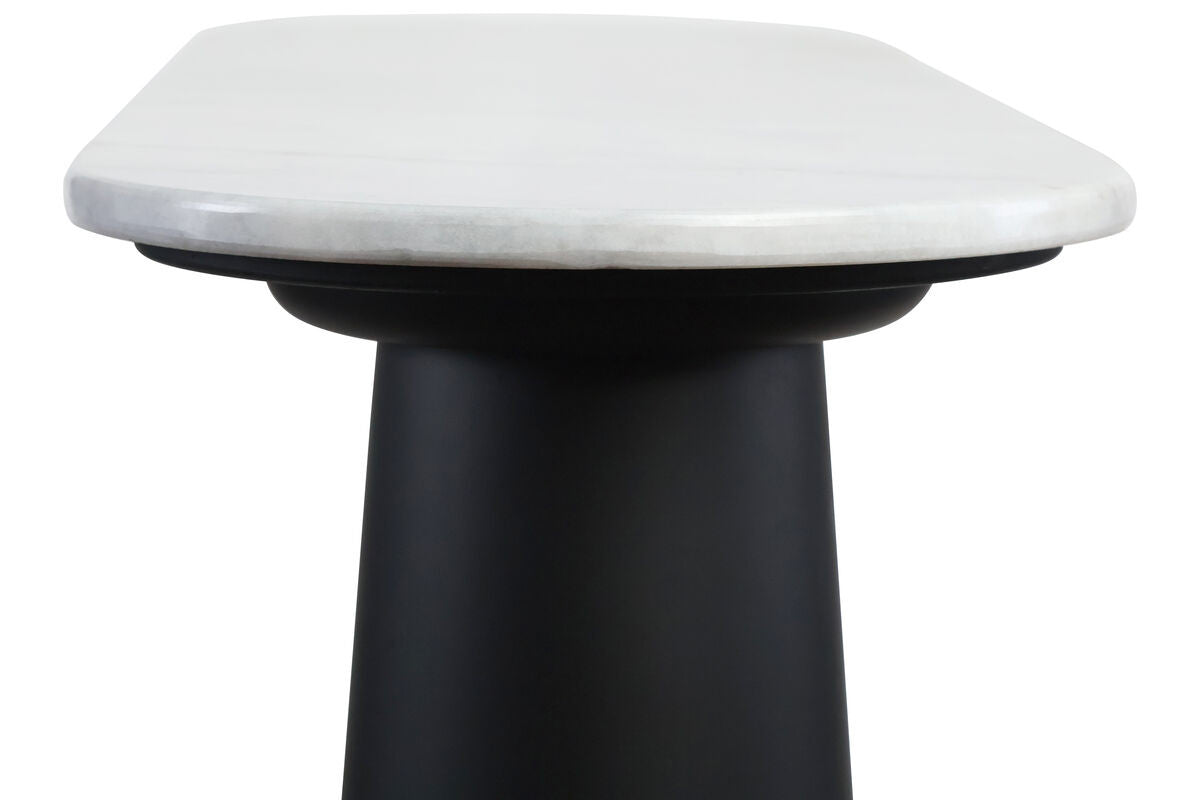 Elegant console table featuring a smooth white marble top with rounded edges, supported by a sleek black mango wood base.